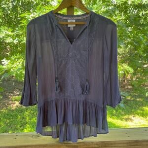 Knox Rose Grey Peplum Hem Eyelet Boho Top Dark Grey Size S